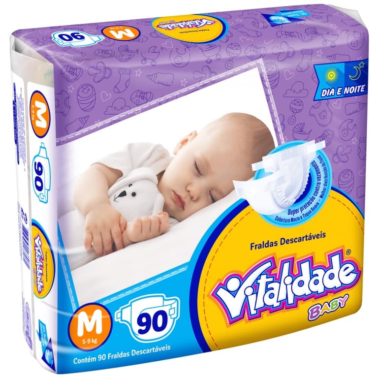 Fralda Descartável Vitalidade Baby Mega Tamanho M - 90 Unidades - Absorção 12h Hipoalergênica