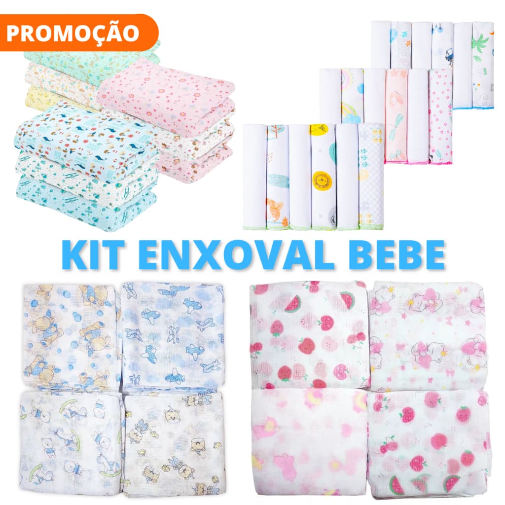 Kit Enxoval Bebê 24 Peças Maternidade Completo 15 Fraldas De Pano 3 Cueiros 6 Pano de Boca Babetes Kit Saida Maternidade 100% Algodão