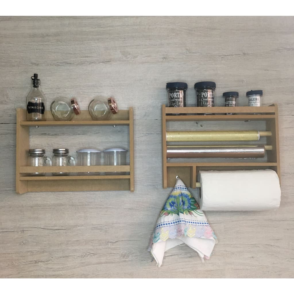 Kit suporte porta tempero organizador 3 em 1 papel toalha celofane papel aluminio prateleira parede de madeira