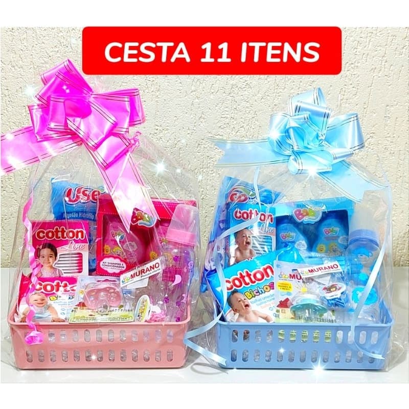 Kit chá de bebê presente enxoval cesta 11 itens Shampoo Condicionador mamadeira Lenço chá fraldas presente recém nascido