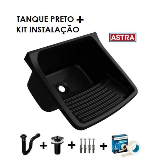 Tanque de Plástico Para Lavar Roupa Preto 22 Litros com Kit de Instalação Completo