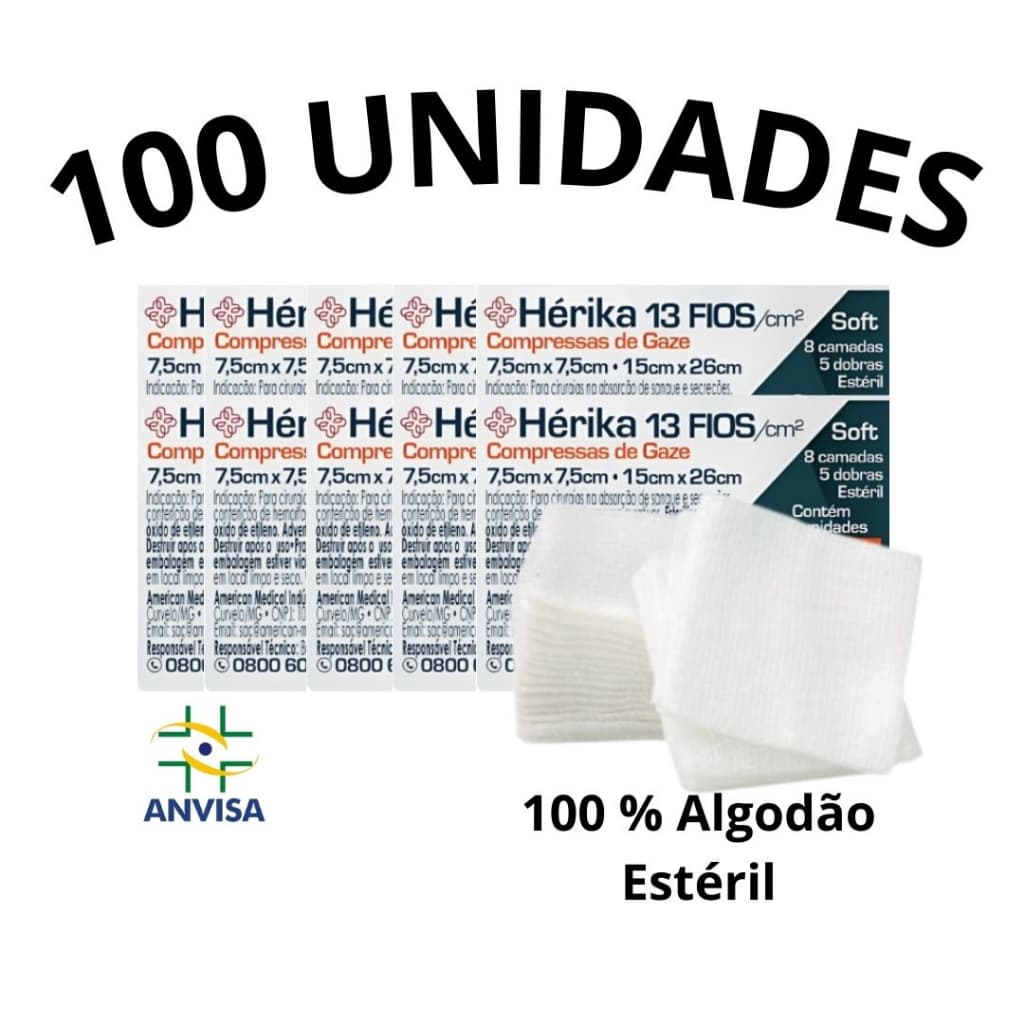 Kit 100 Compressas Gaze Hidrófila Estéril Cirúrgica Hérika 7,5x7,5cm 9, 11 ou 13 Fios 10 Pacotes