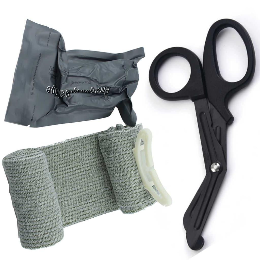 Kit Bandagem Israelense Atadura Tática + Tesoura Ponta RombaPrimeiros Socorros APH Kit Primeiros Socorros