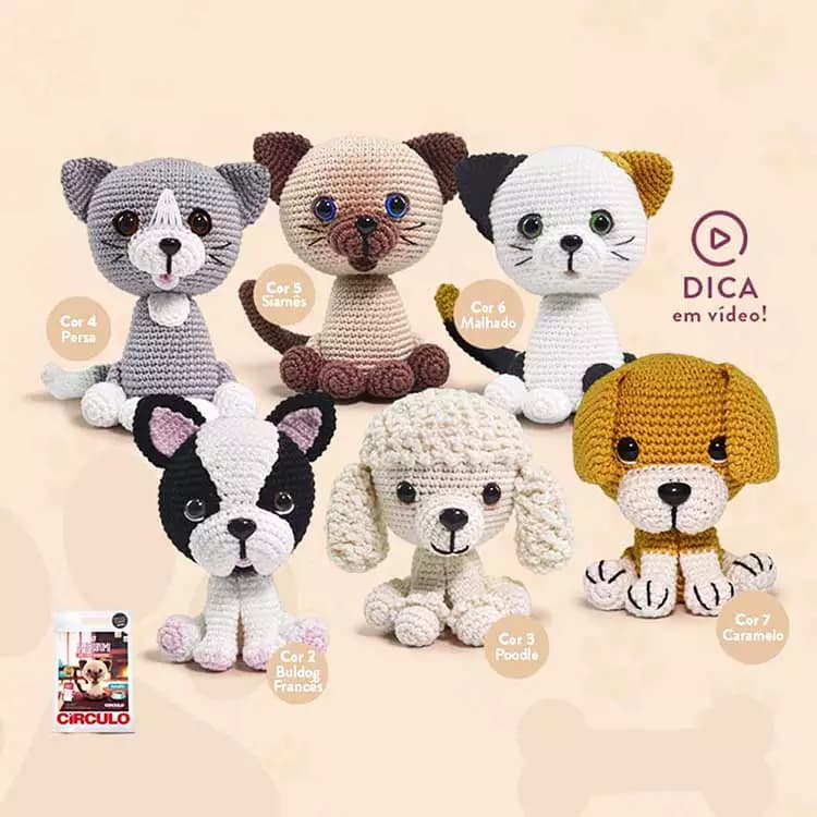 Kit Amigurumi Cães e Gatos Círculo Crochê Tricô Artesanato