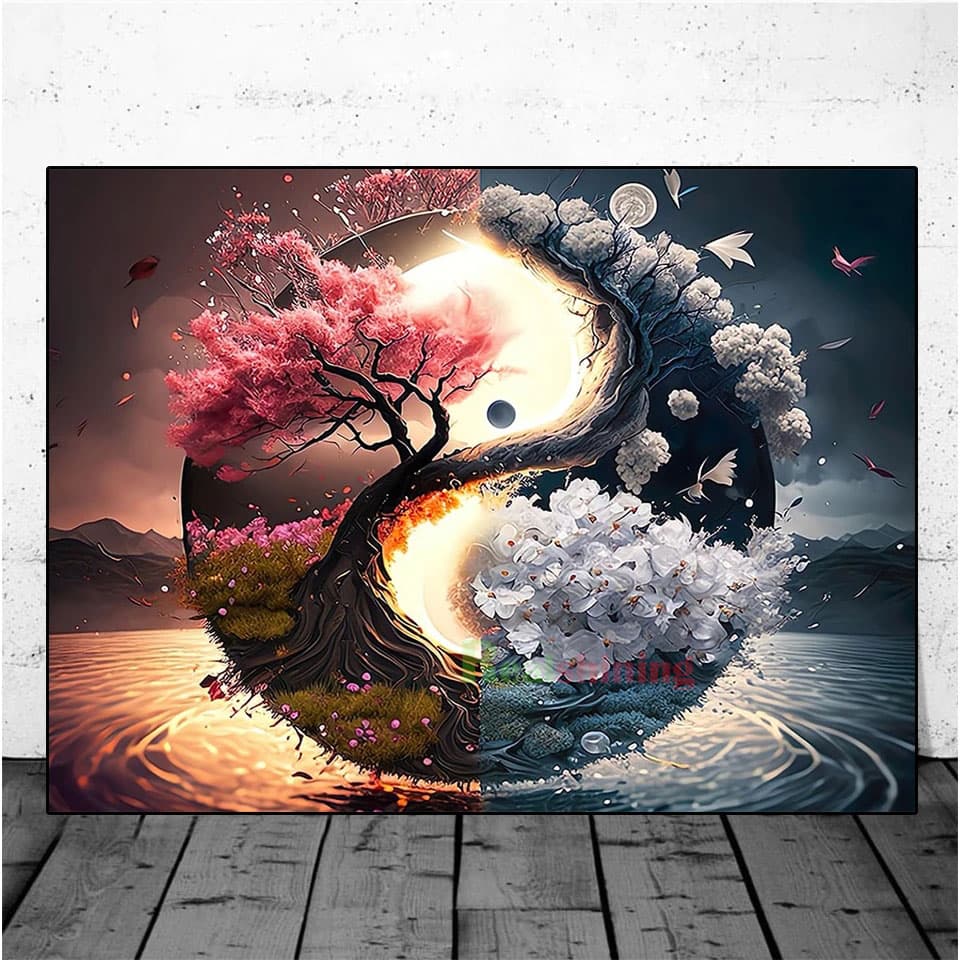 Ying Yang Pintura Diamante Tai Chi Cherry Blossom Paisagens 5D Diamante  Completa Cross Stitch Kits Animal Tree V295