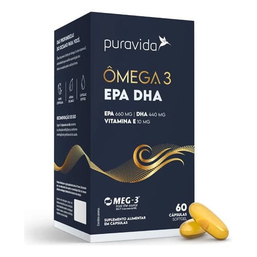 Ômega 3 Epa e Dha Vitamina E Pura Vida Meg-3, 60 Capsulas