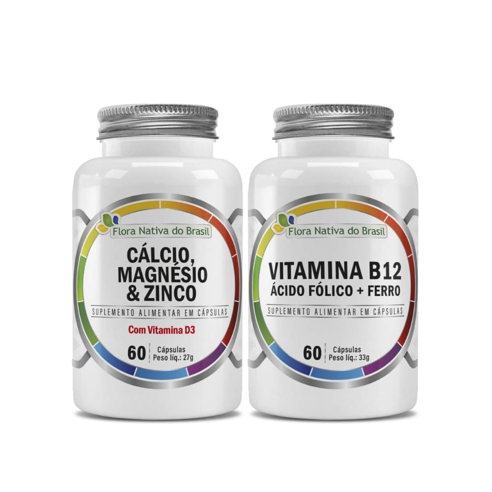 Ferro + Ácido Fólico + Vitamina B12 Metilcobalamina 500mg 60 Caps + CMZ - Cálcio, Magnésio, Zinco, Vitamina D3 500mg 60 Caps