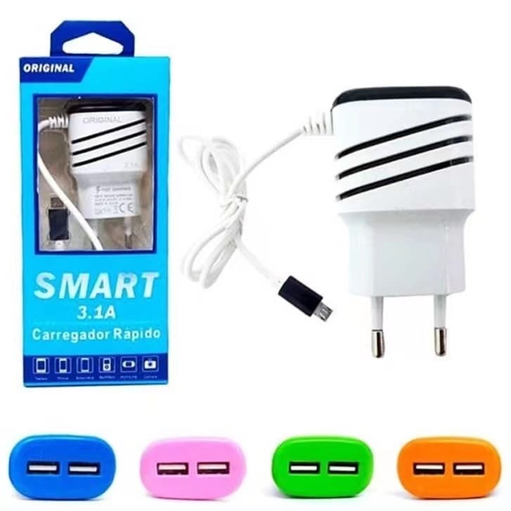 KIT De Carregador 3.1 V8 Turbo Celular Ultra rápido  Micro Usb 2 Entrada Usb Android Portátil