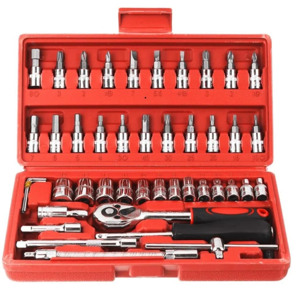 Kit jogo conjunto de chave maleta 46 chave catraca 1/4 ferramenta aço inox resistente Reversivel