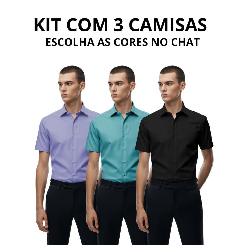 Kit 3 Camisa Slim Curta Masculina Algodão Casual Premium Luxo Social Slim Fit Elegante