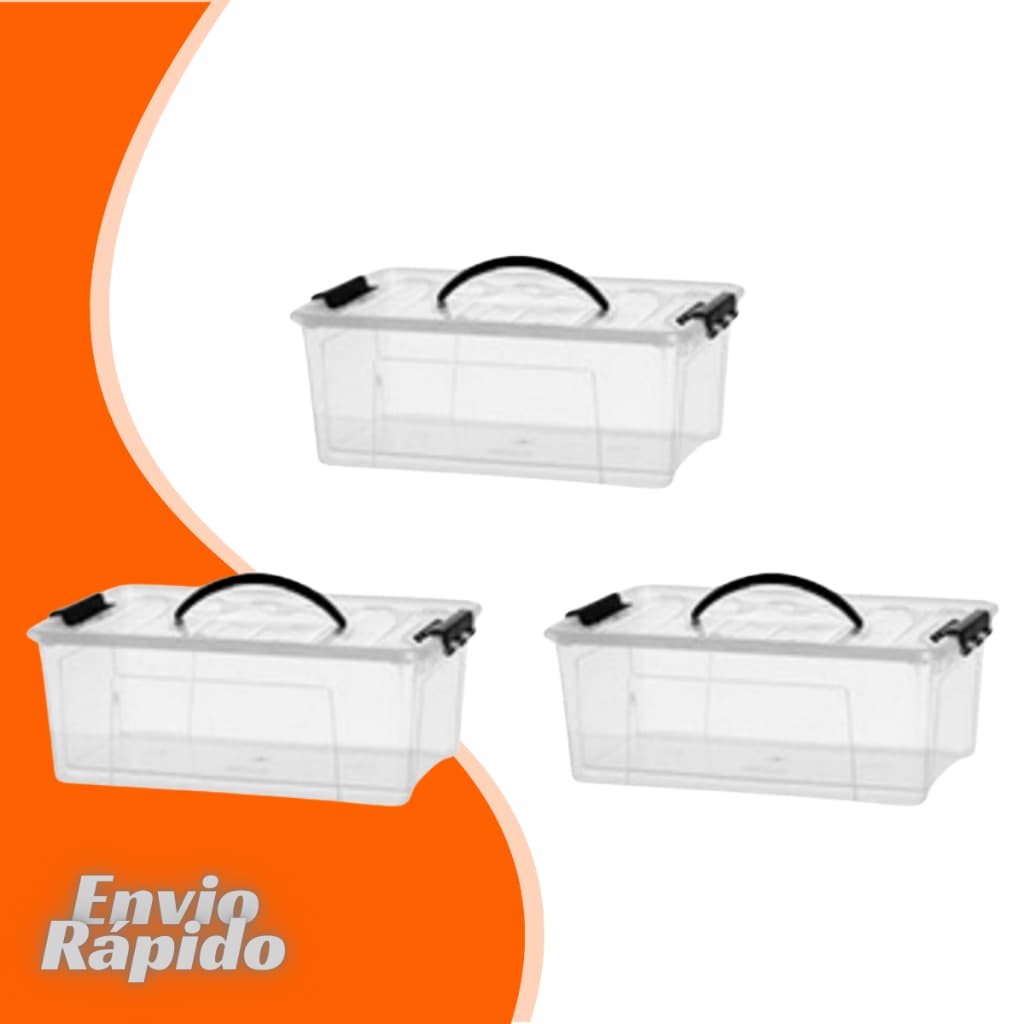 3 X Caixa Container Transparente 7,3 Litros Cesto Plástico Organizador Multiuso Tampa Trava Alça Quarto Banheiro Cozinha
