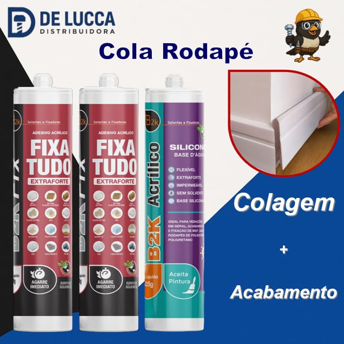 Kit Completo Rodapé Poliestireno Cola + Acabamento com 2 Adesivo Fixa Tudo + 1 Silicone Acrílico Base d'Água Tubo
