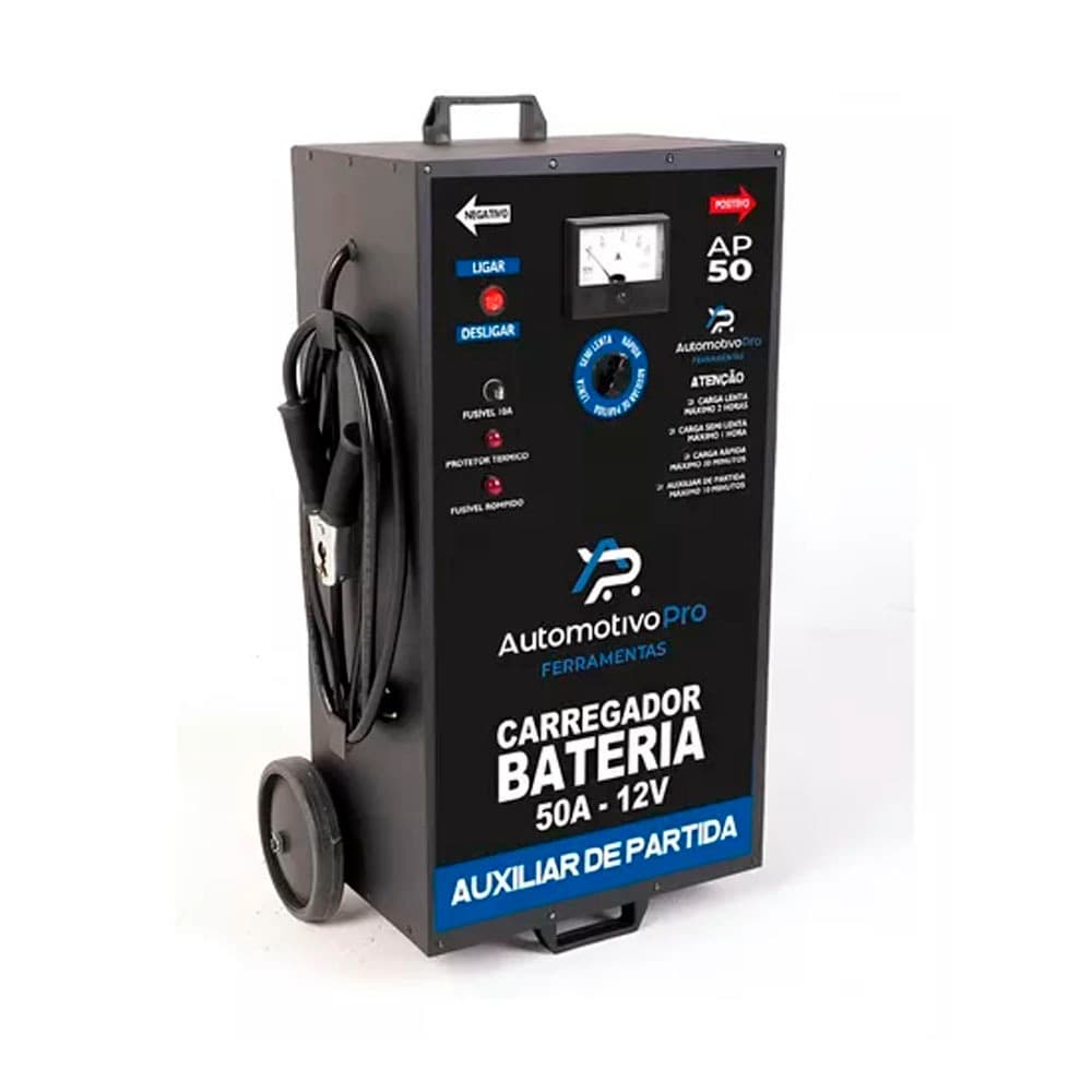 Carregador de Bateria 50A 12 Volts Bivolt Com Auxiliar de Partida Carga Rápida e Lenta