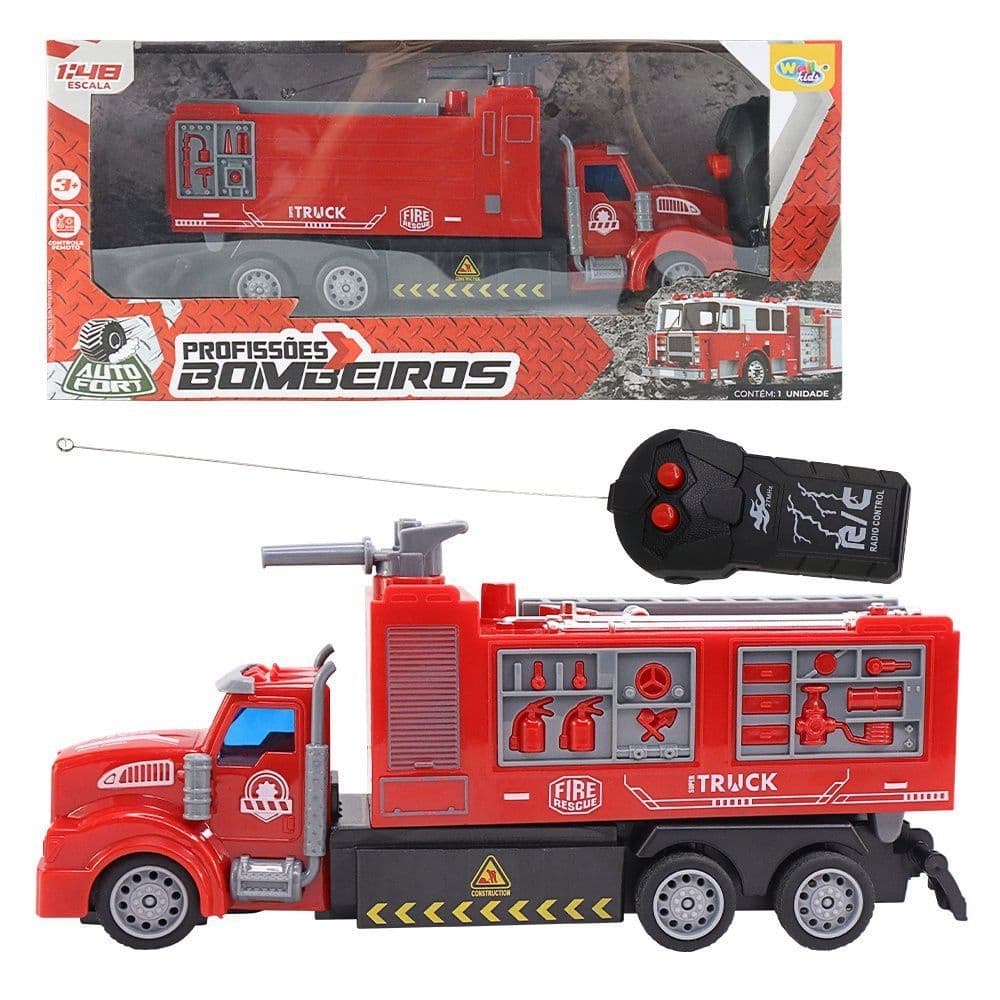Carrinho de Controle Remoto Caminhão Bombeiro Brinquedo Infantil Fogo Vermelho Controle Sem Fio