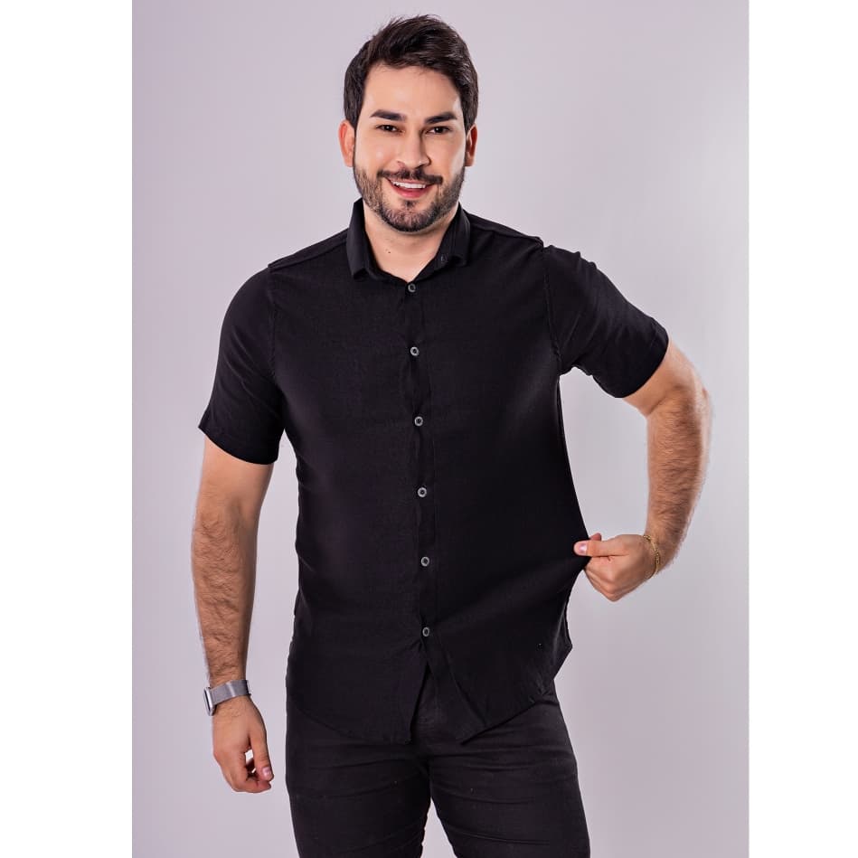 Camisa Social Com Elastano Manga Curta Jeans Masculina Preta Slim Bengaline