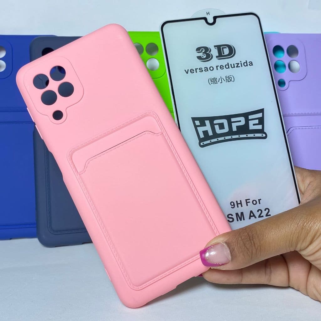 Capa A22 4G Suporte Para Cartão + Película 3D Kit Samsung Capinha Case Protetora Celular Silicone