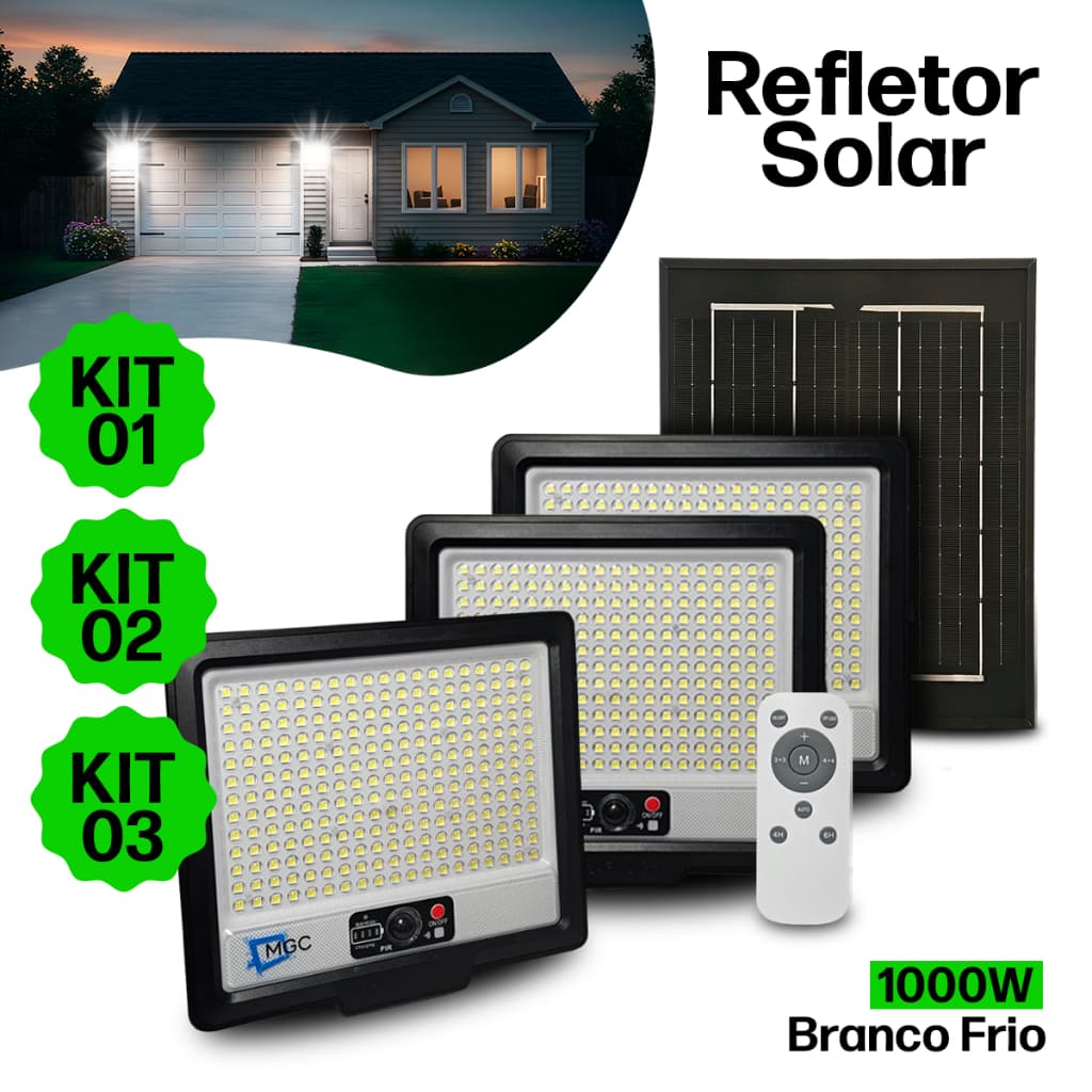 Luminária Refletor Solar LED 1000W Prova DÁgua Controle Remoto Sensor de Presença 247 Leds