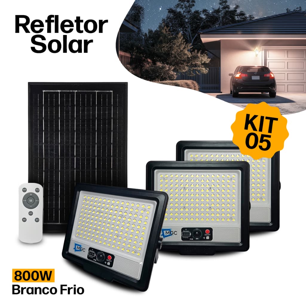 Kit 5 Luminária Refletor Solar LED 1000W Prova D´Água Controle Remoto Sensor de Presença 247 Leds