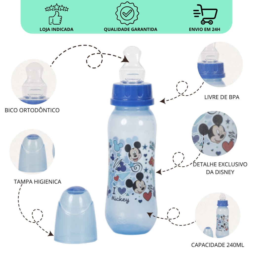 Mamadeira 240ml Disney – Bico Macio com Tampa Higiênica Azul Mickey para Bebê livre de BPA