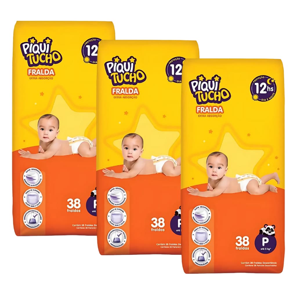 Kit com 3 Pacotes Fralda Descartável Infantil Piquitucho Mega Extra Absorção Fita