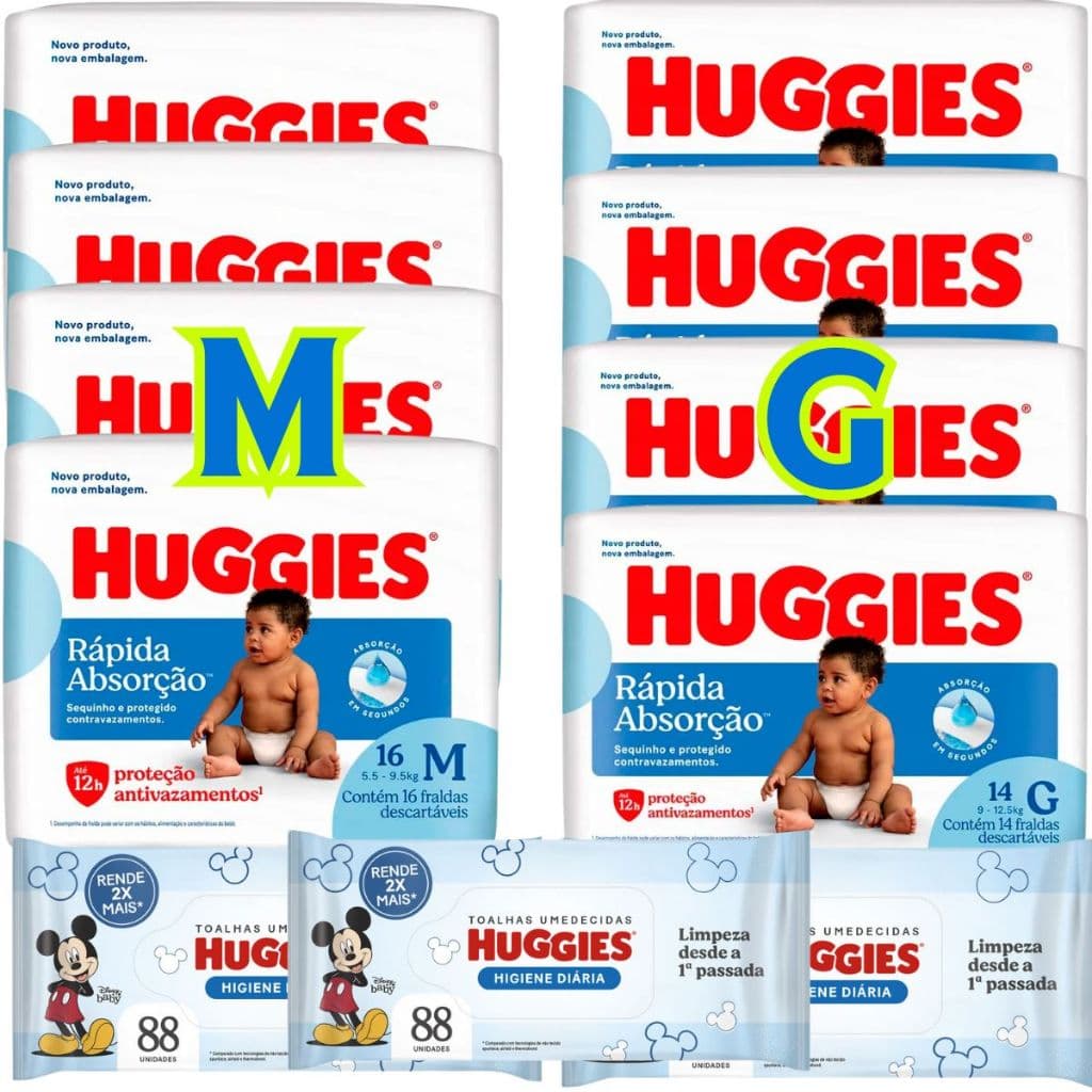 8 Pacotes da Fralda Huggies Rápida Absorção (Tripla Proteção) - 4 M e 4 G + 3 Pacotes de Lenços Umedecidos