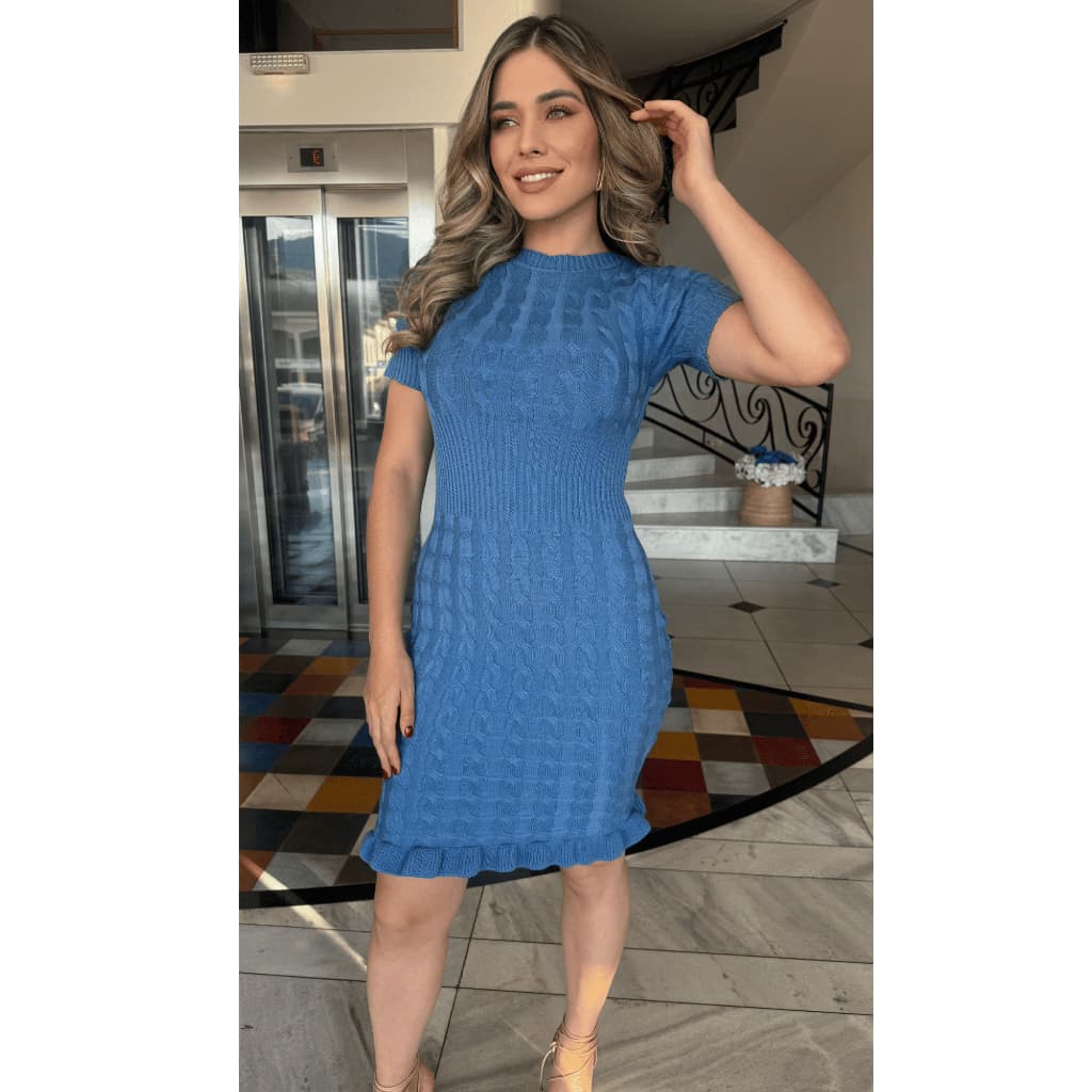 Vestido Tubinho Feminino Tricot Modal com Trança e Babado na Barra Verão Elegante Moda Feminina