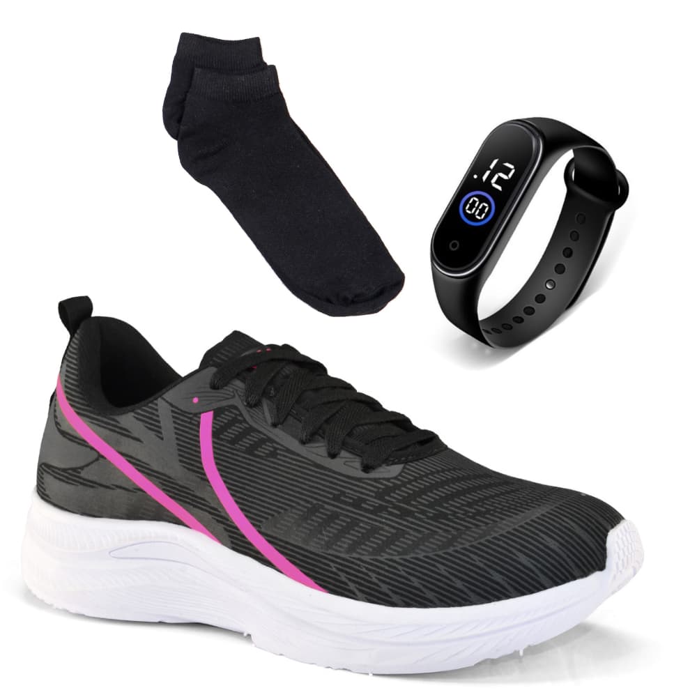 Tênis Feminino Barato Leve Casual + Relógio + Meia Academia Confortável Caminhada