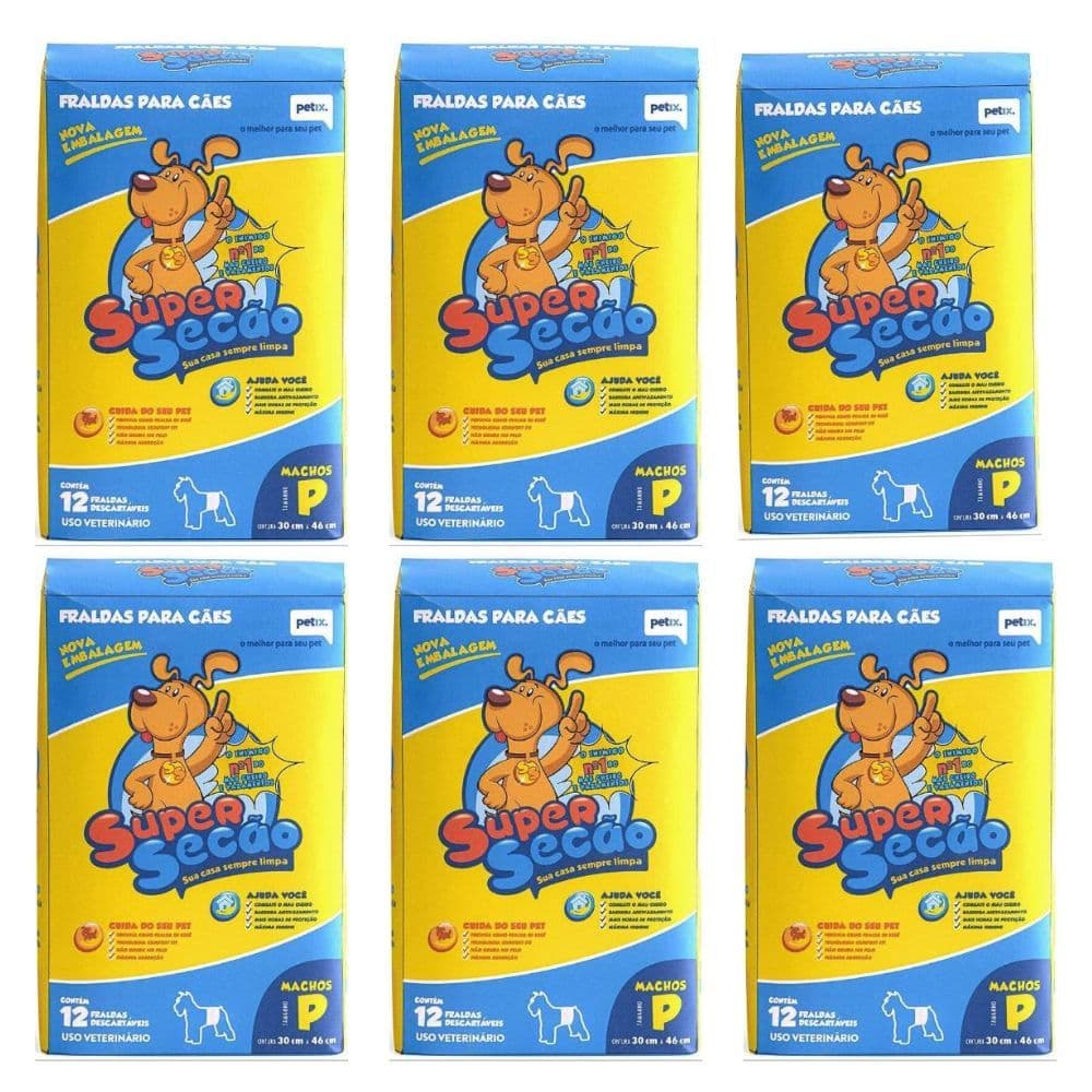 KIT 6 PACOTES FRALDA DESCARTÁVEL PARA CACHORRO MACHO SUPER SECÃO TAMANHO P - 72 UNIDADES