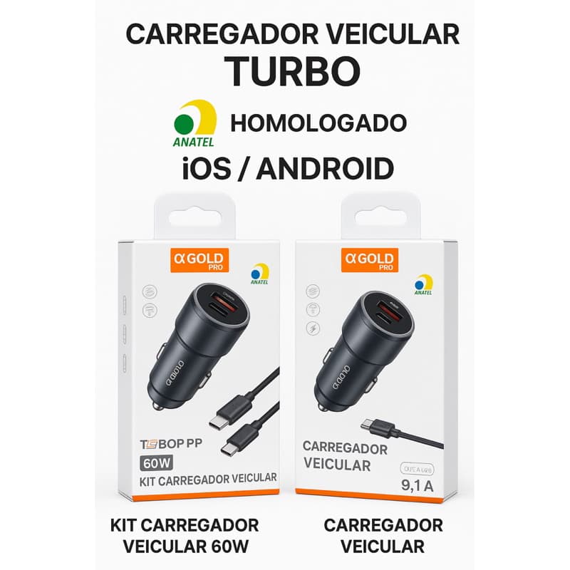 Carregador Veicular Turbo 60W – USB + Tipo-C – Gold Pro 9.1A Homologado