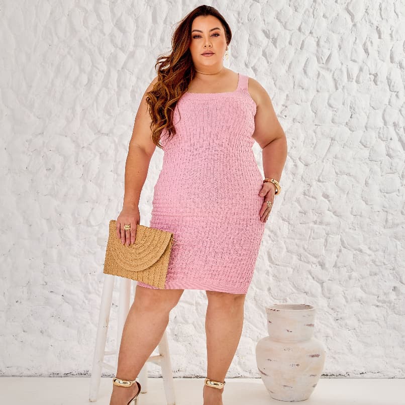 Vestido Mini Decote Quadrado Plus Size Alça Larga Tijolinho Feminino