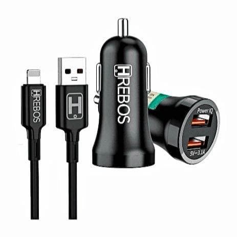 Carregador de Carro Veicular Turbo 3.1A com Cabo Lightning Para iPhone | Preto | Original HRebos Anatel