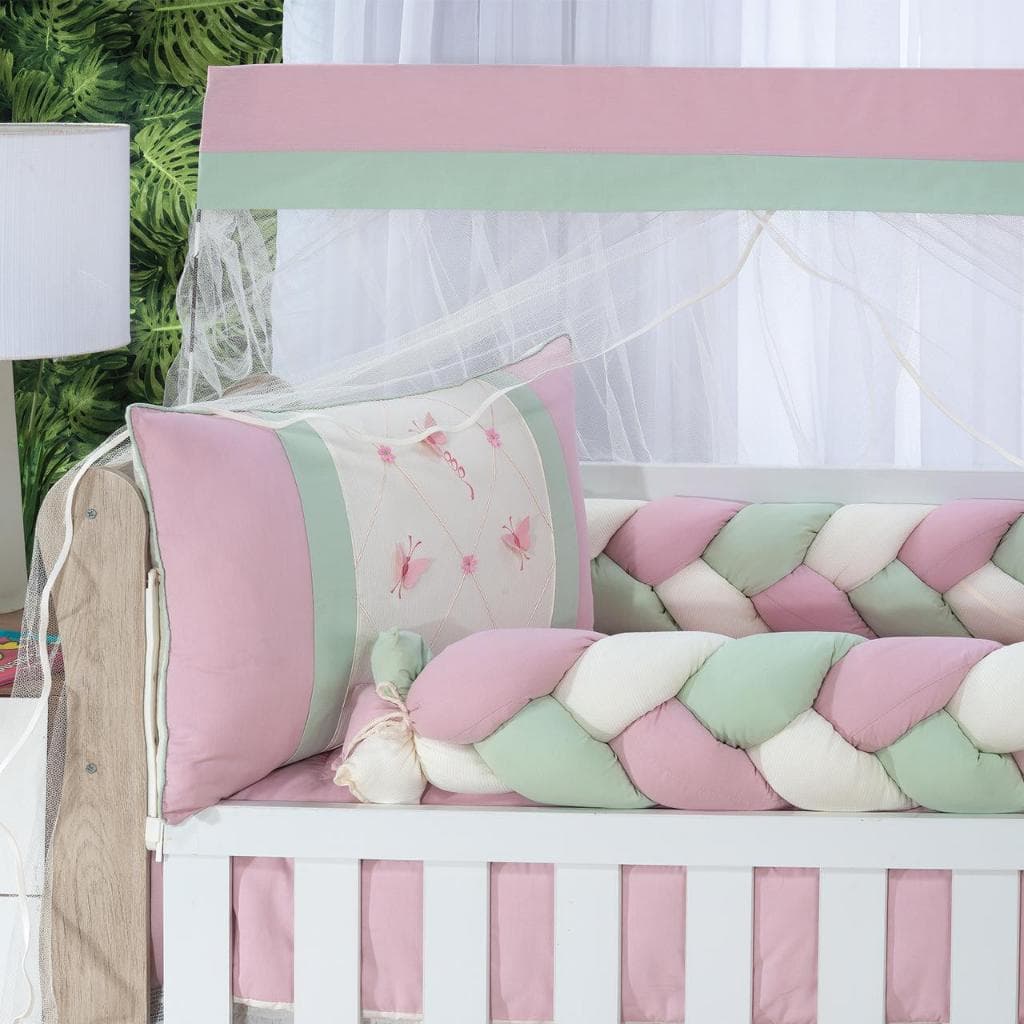 KIT ENXOVAL PARA BERÇO BEBÊ MODELO DE TRANÇA 8 PEÇAS BORBOLETAS ROSE/VERDE MENINA DELICADO LUXO