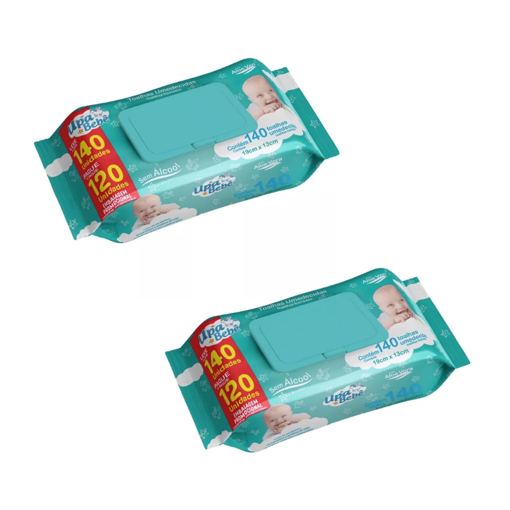 Kit 2 Lenço Umedecido Higiene Bebê Sem Alcool Upa Bebê 140 Unidade Pacote Verde