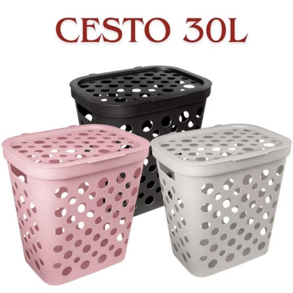 Cesto Para Roupa Suja Telado 30 Litros com Tampa Basculante  e Alça a Banheiro Lavanderia Furos Para Ventilação  Limpeza