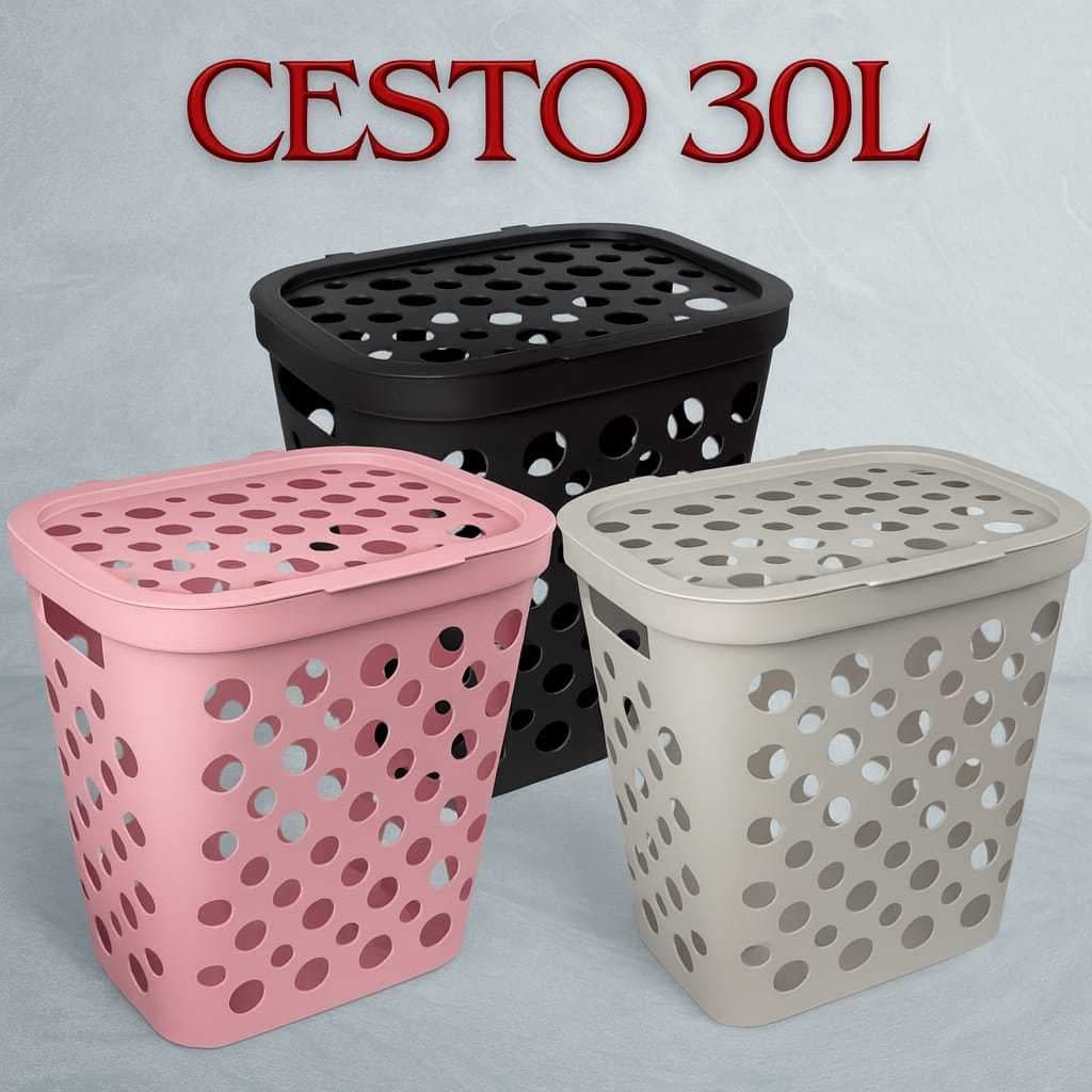 Cesto Telado Com Tampa Basculante  Banheiro Lavanderia 30 Litros  e Alça Cesto de Roupa Suja Banheiro Alta Qualidade