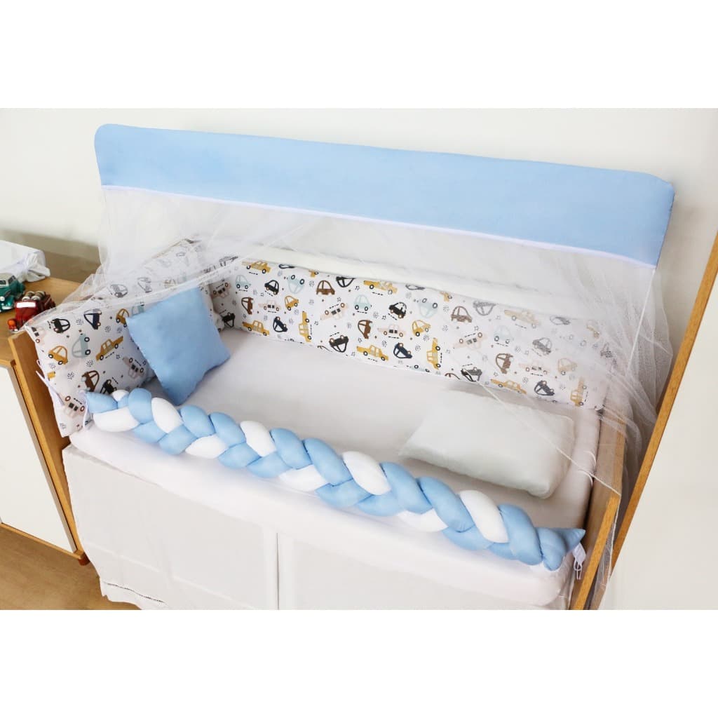 Kit Berço Clean 9 Peças Enxoval Bebê Menino Carrinho Azul Conforto e Estilo Kit Protetor De Berço