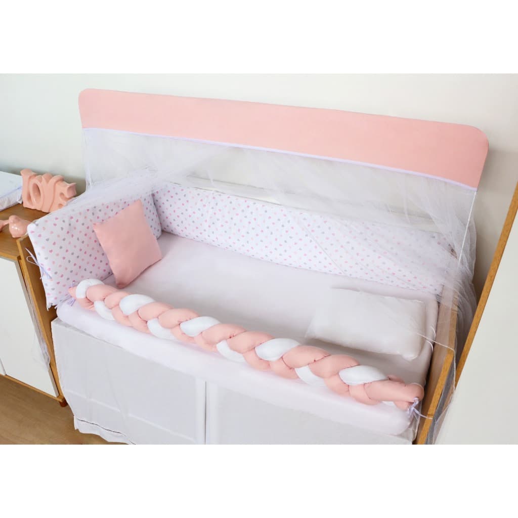 Kit Berço 9 Peças Clean Enxoval Premium Bebê Quarto Infantil Prático e Confortável Coração Rosa