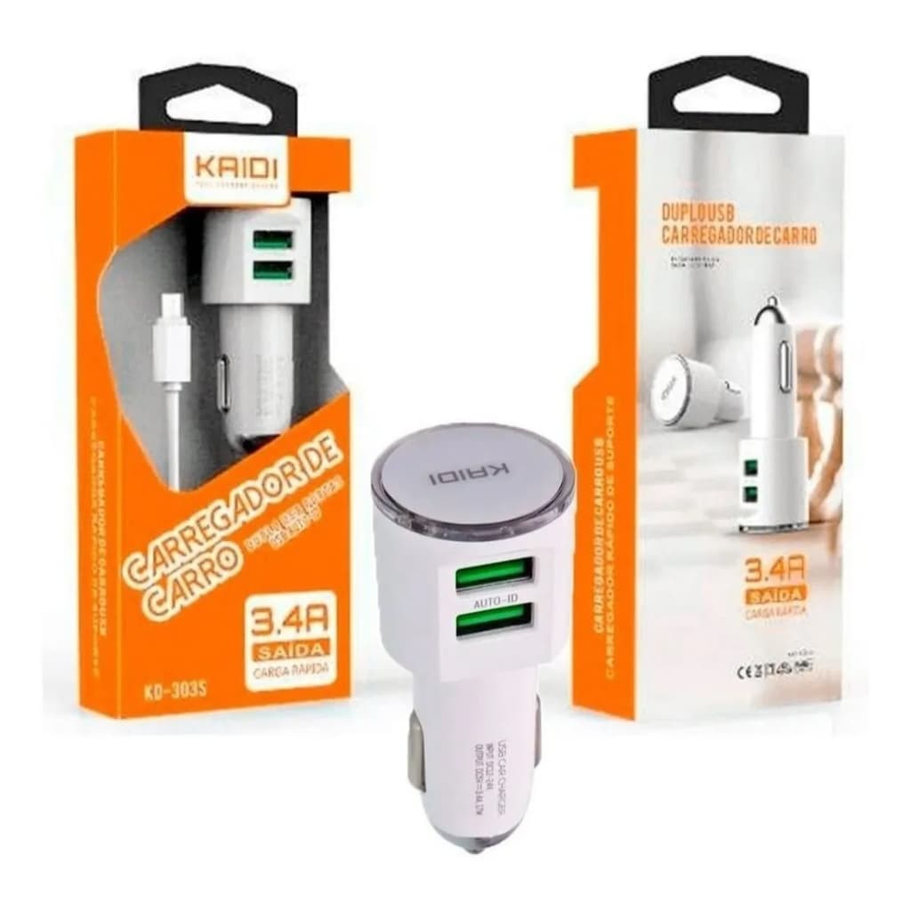 Carregador Veicular Turbo 2 Entrada usb 3.4a Com Cabo Tipo-c Kaidi Kd-303c