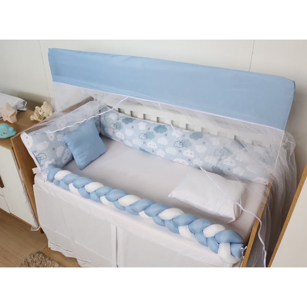 Kit Berço 9 Peças Clean Enxoval Bebê Menino Menina Unissex Premium Nuvem Azul Protetor De Berço