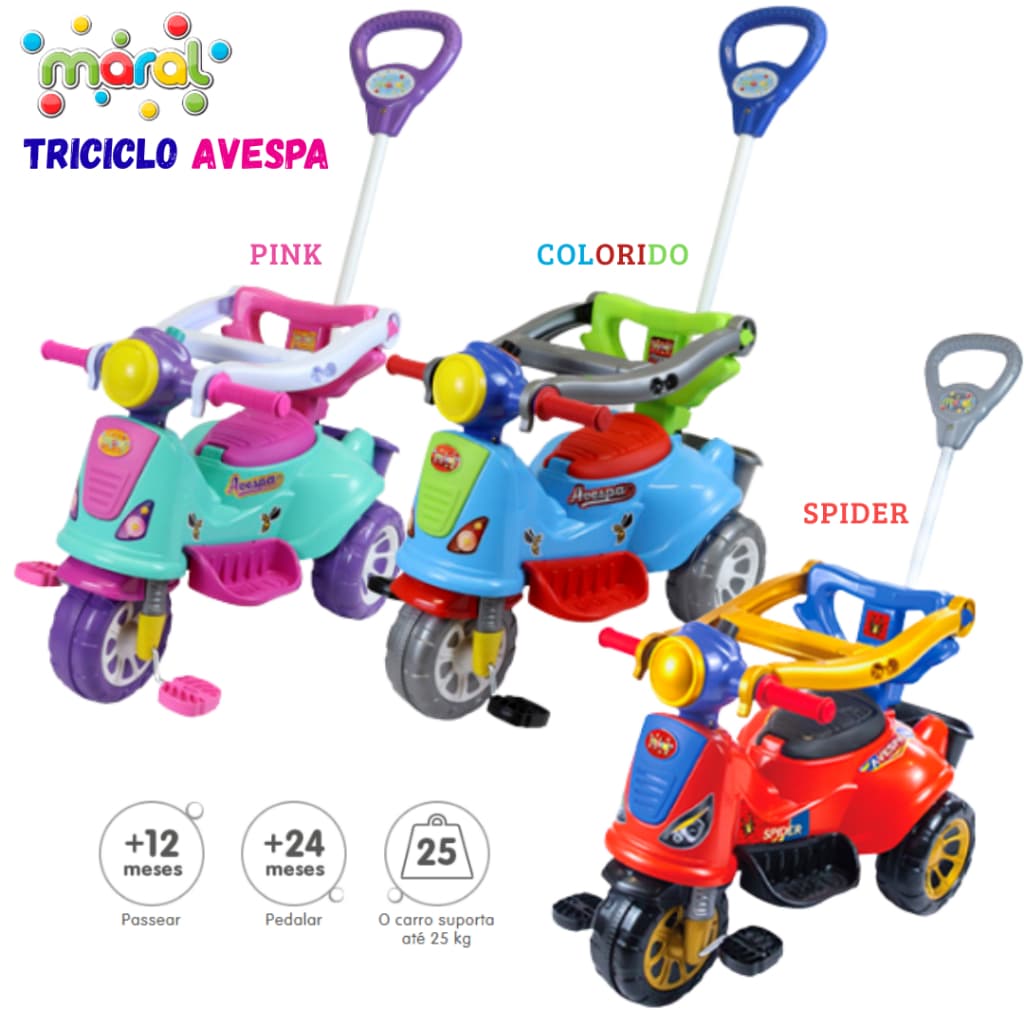 🎁 Triciclo Infantil Avespa Maral 2 em 1 | Passeio & Pedal | C/ Haste e Proteção Crianças 12m+