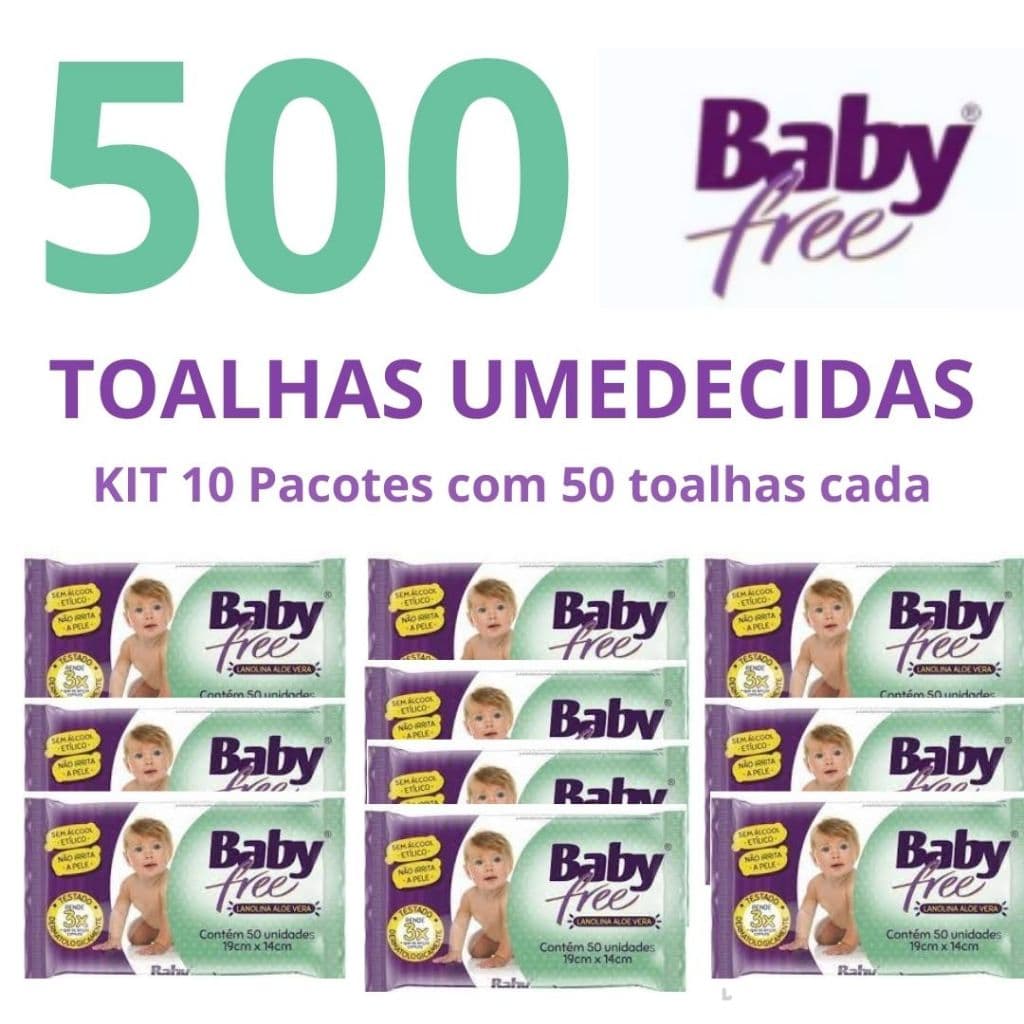 Kit com 10 Pacotes Toalhas Umedecidos Baby Free com 50 Uni Cada - 500 lenços total Envio Imediato