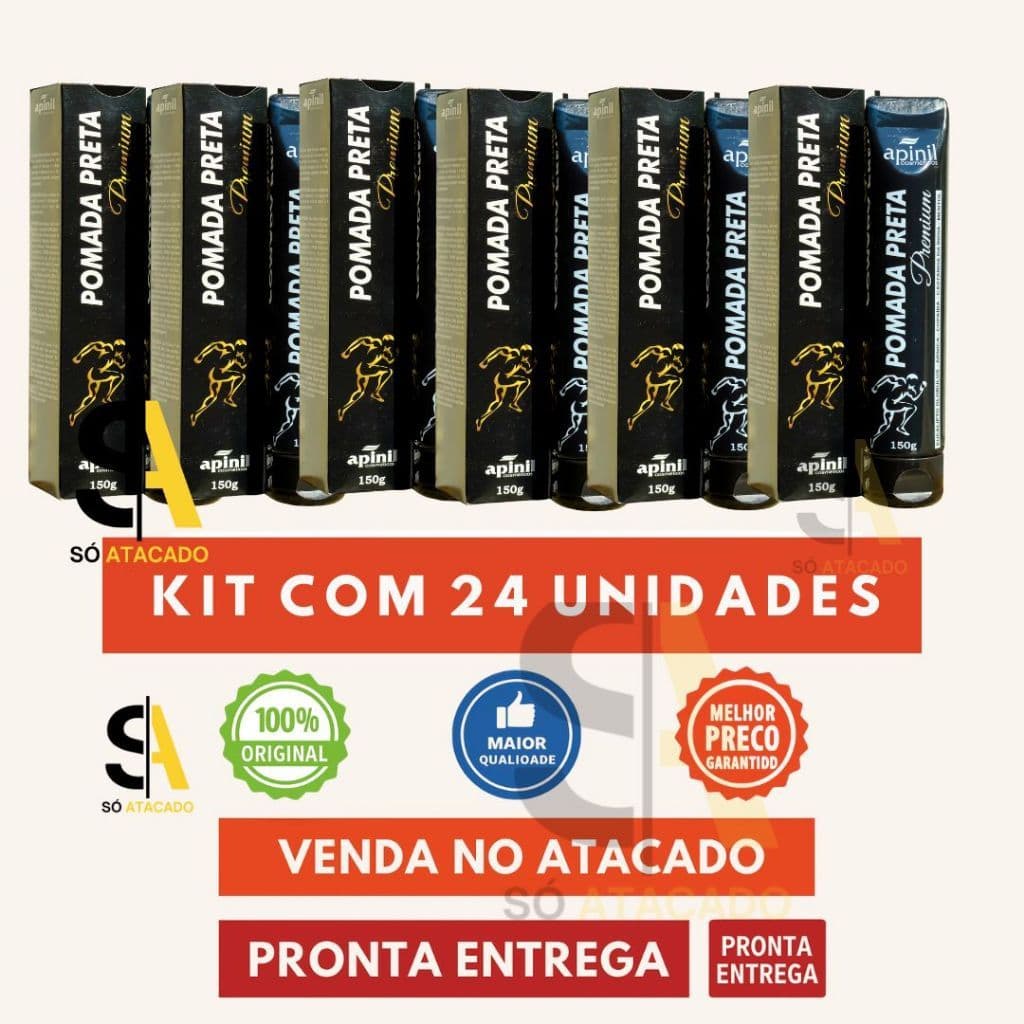 🔥KIT 24 UND Pomada Preta Premium Apinil 150g – Original | Atacado Revenda | Com Nota Fiscal.