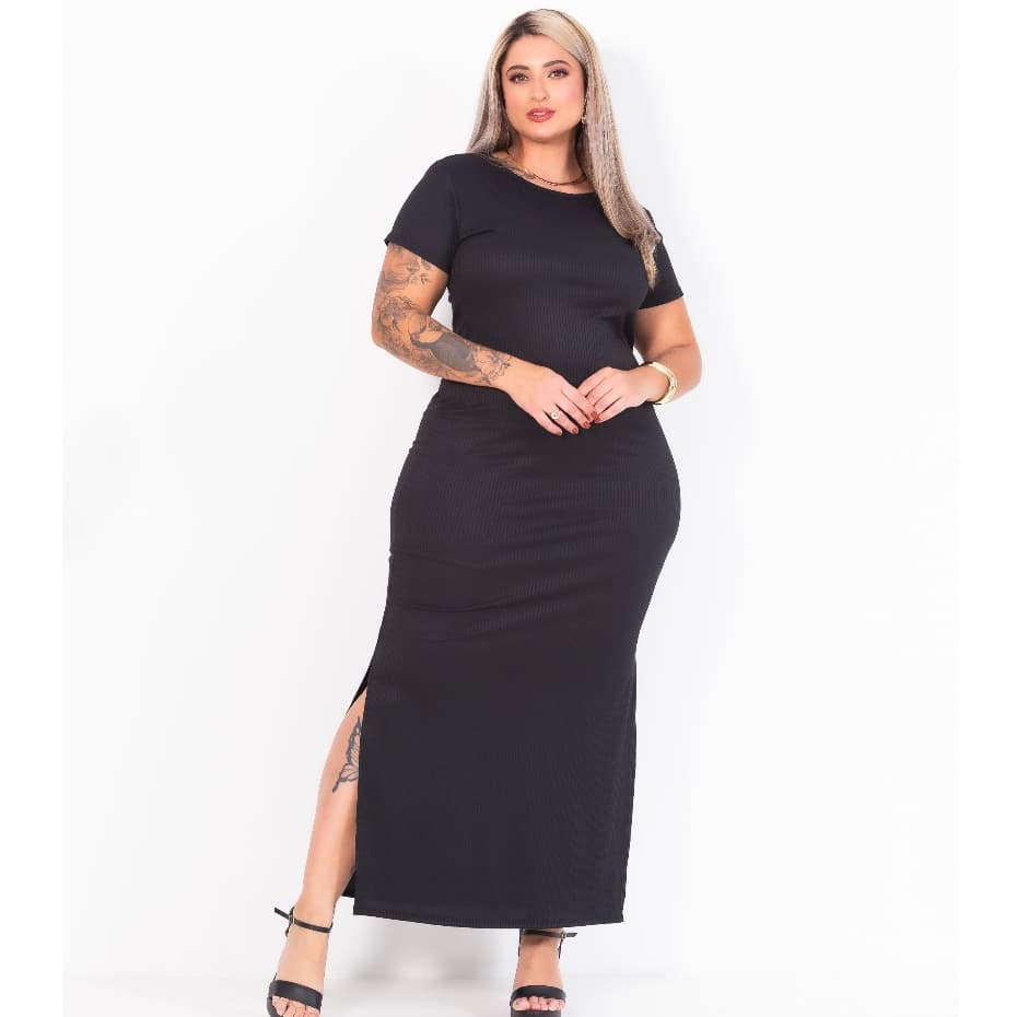 Vestido Manga Canelado Modelo Curvy Plus Size Verão Fenda Lateral Manga Curta Longo Gestante Grávida  Evangélico Modinha