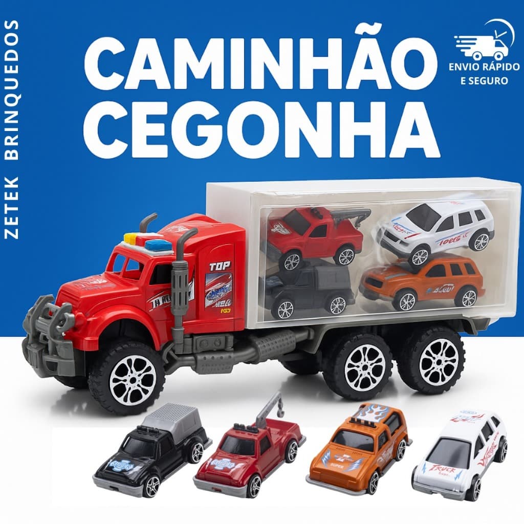 Caminhão Cegonha Com 4 Carrinhos Rodas Fricção Brinquedo Criança Brincar Presente Para Meninos