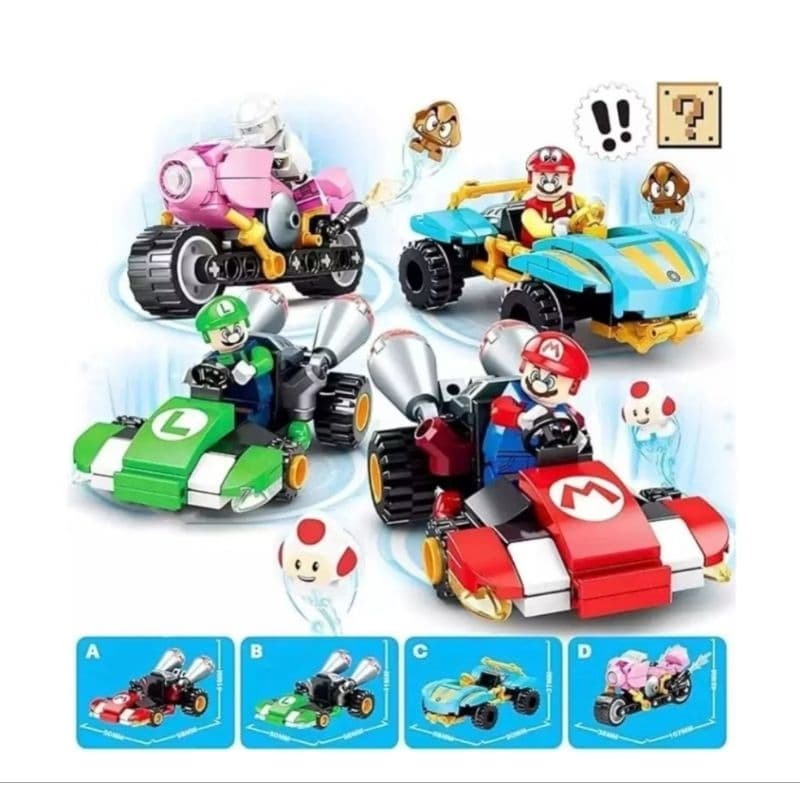 blocos de montar lego Mario car, 356 pçs, estimulante e divertido, contem 4 caixas x 4 personajes com carros para montar