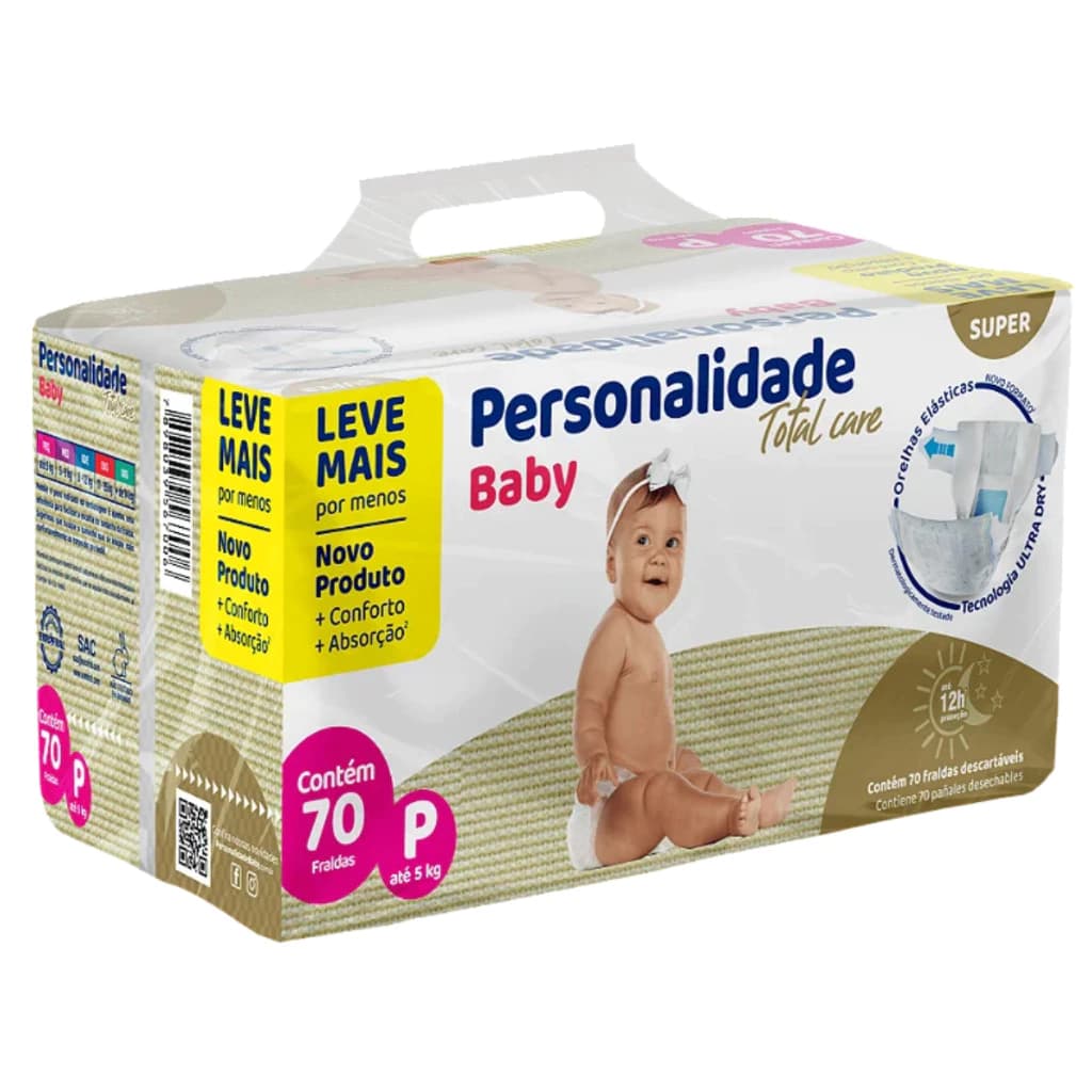 Fralda Descartável P Bebe Infantil Personalidade Baby Total Care Bag 70un