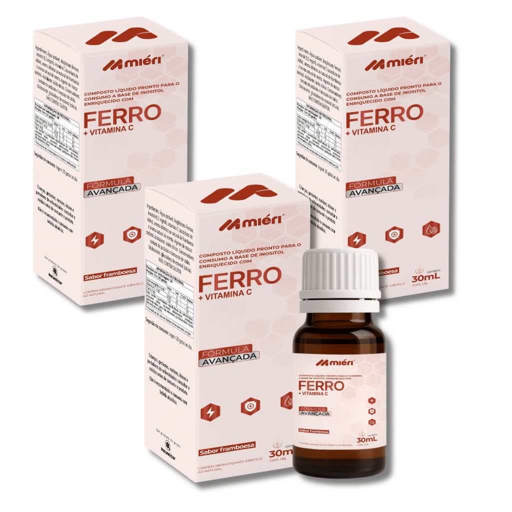 KIT Ferro + Vitamina C Gotas 30ML Sabor Framboesa 7MG por Porção Composto Líquido Miéri Suplemento