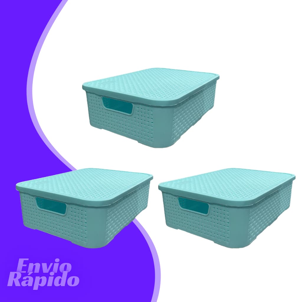 Kit 3 X Caixa Rattan 13 Litros Cesto Organizador Multiuso Tampa Plastico Quarto Banheiro Escritório