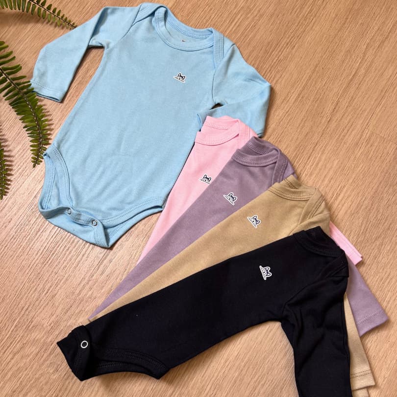 Body Infantil Manga Longa Bordado Gola Envelope Menino Menina Algodão Roupa Bebê