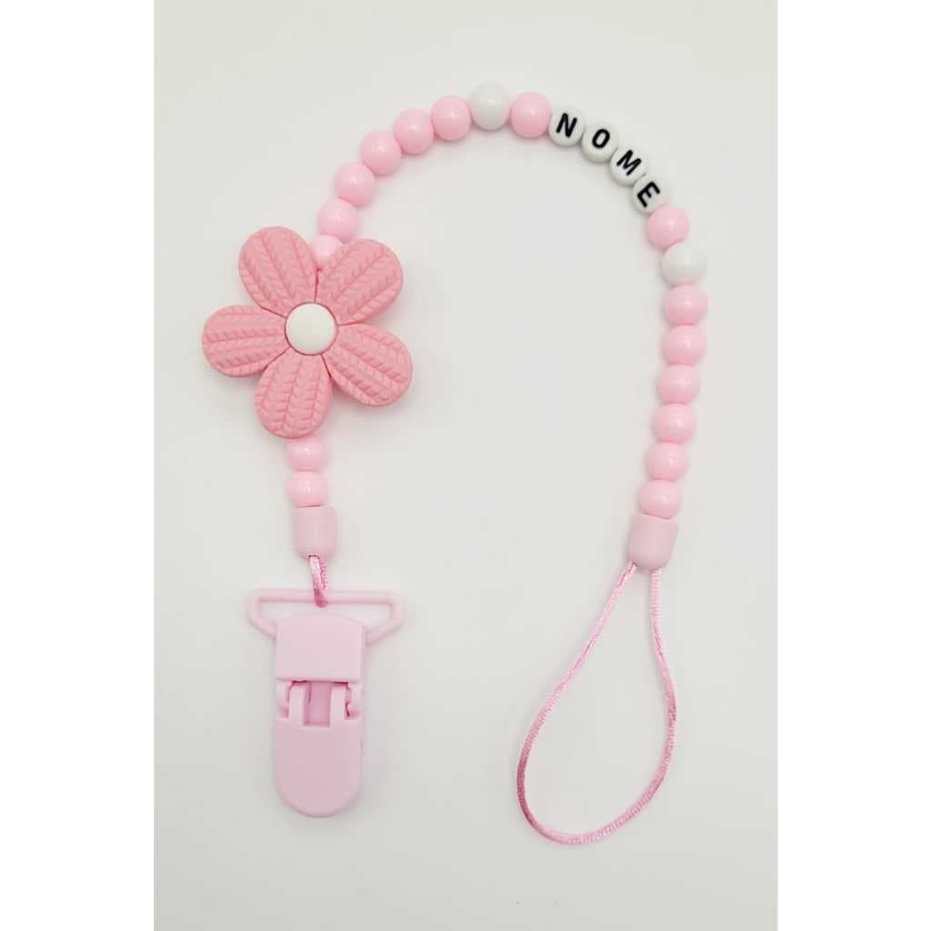 Prendedor de chupeta Flor personalizado com o nome do bebê
